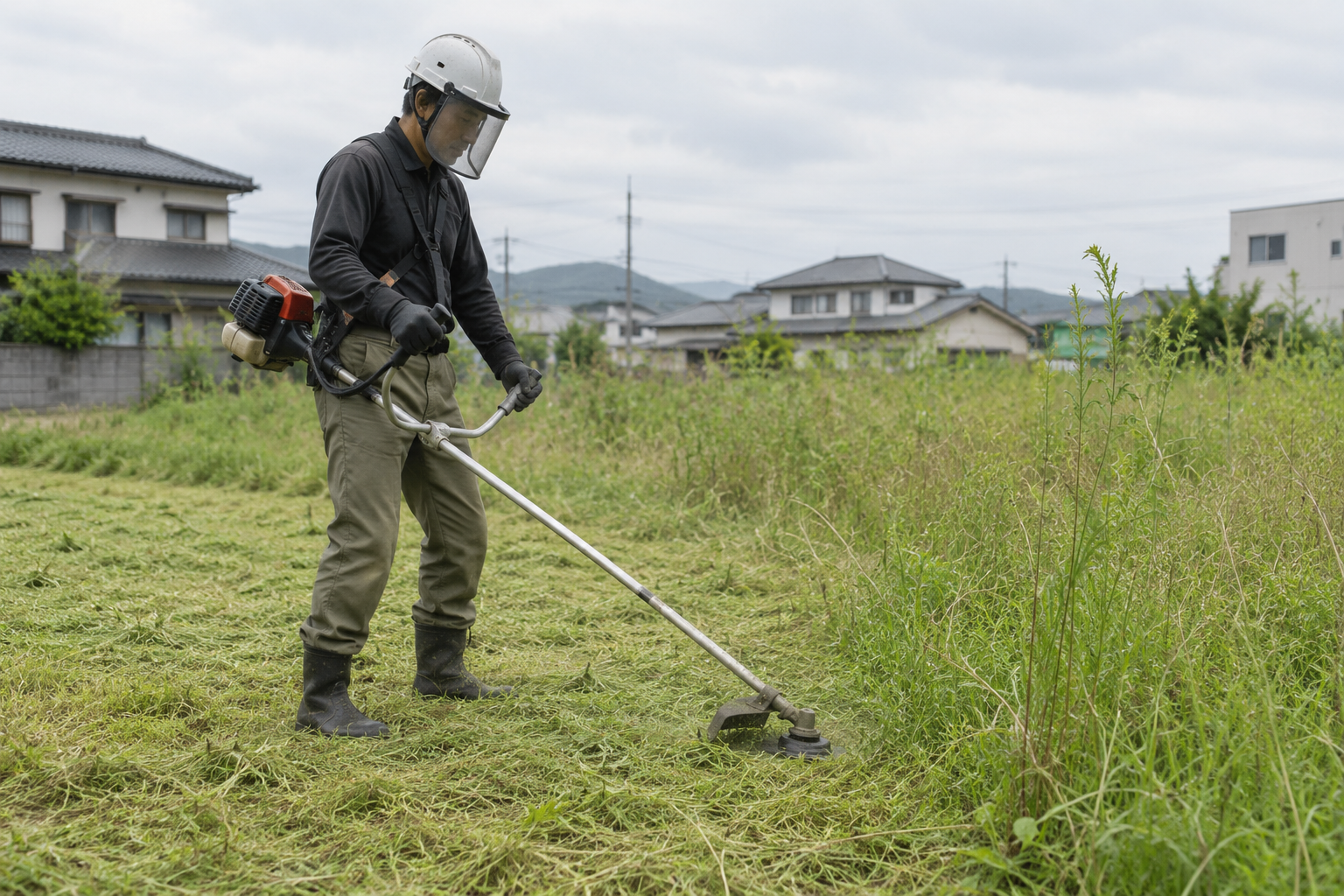 刈払機で空き地の草を刈る作業イメージ