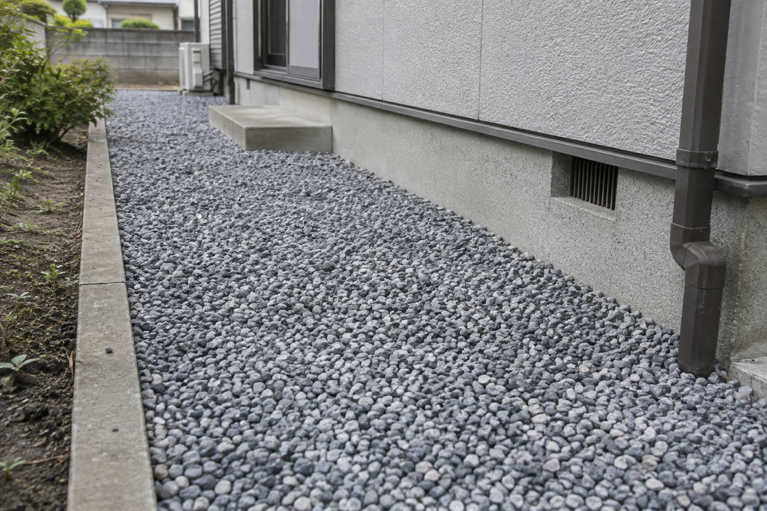 建物まわりに均一に砂利を敷いた仕上がりイメージ